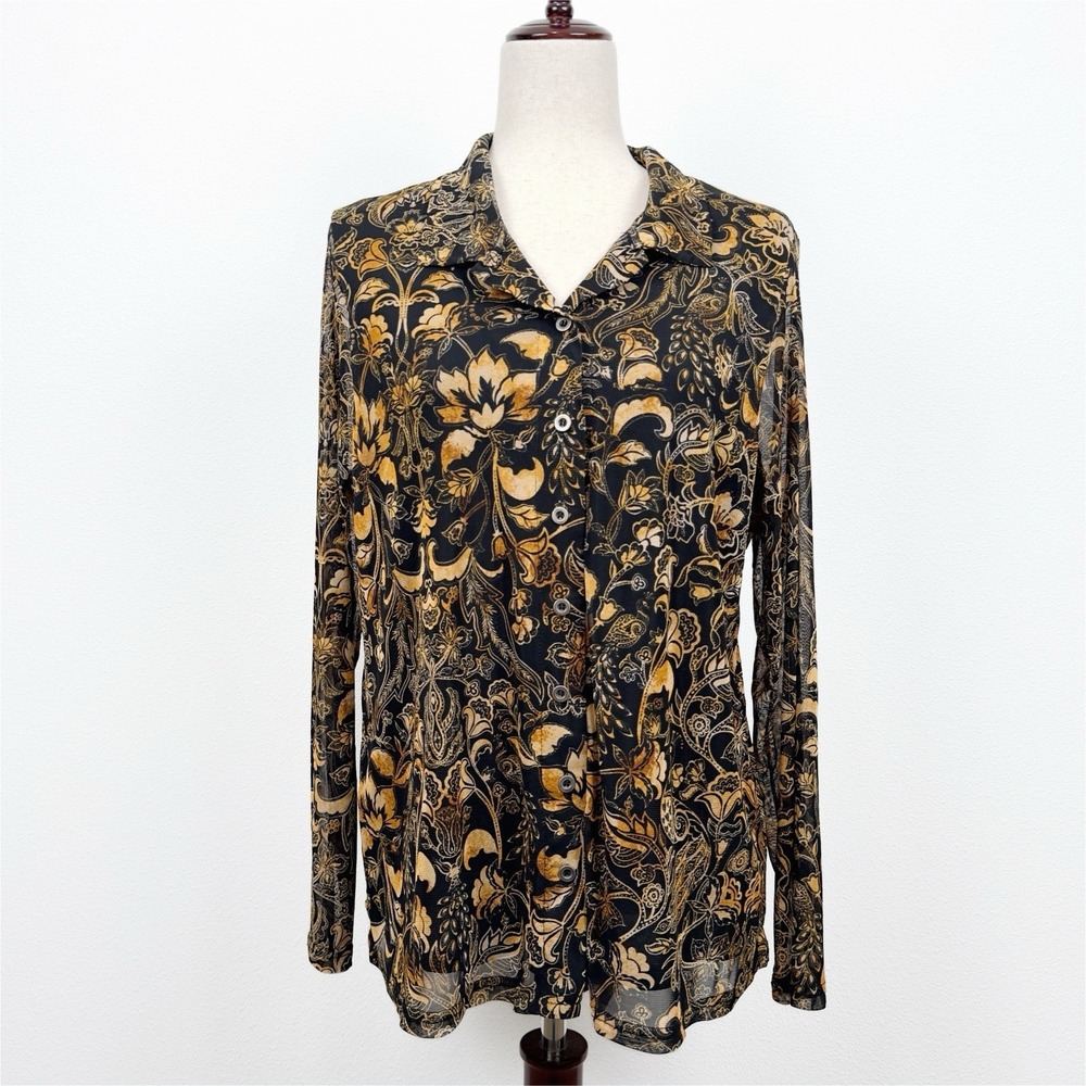 Jane & Delancey Top Womens L Yellow Black Button Up Whimsigoth Fairy Grunge Mesh